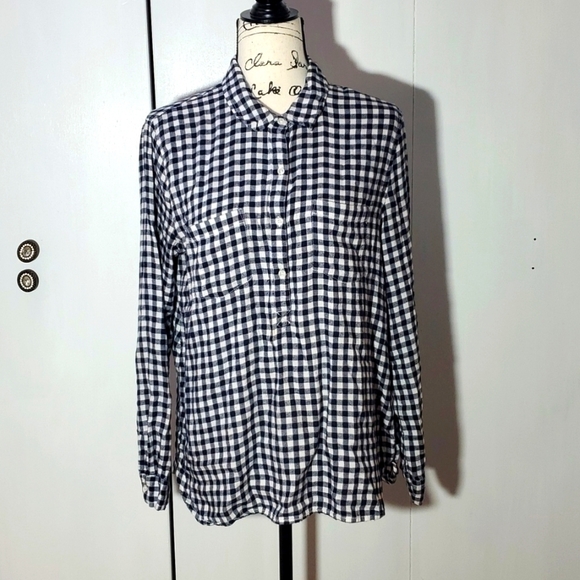 Aerie- Womens Dark Blue/White popover gingham Top Front Pockets Sz.Medium - Picture 1 of 9